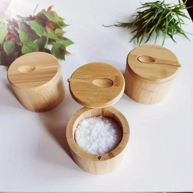 Bamboo Salt Box with Lid and Spoon