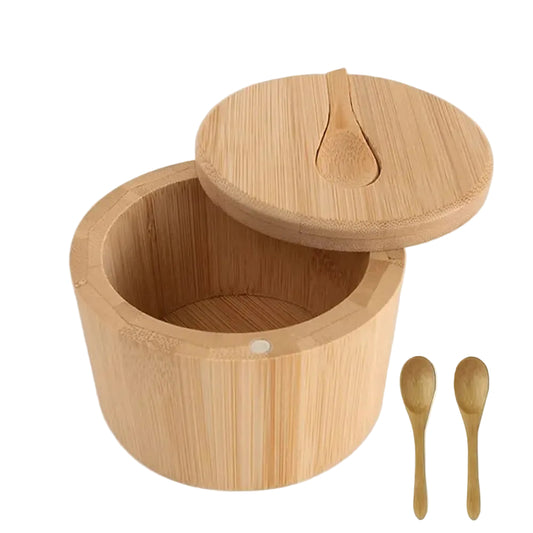 Bamboo Salt Box with Lid and Spoon